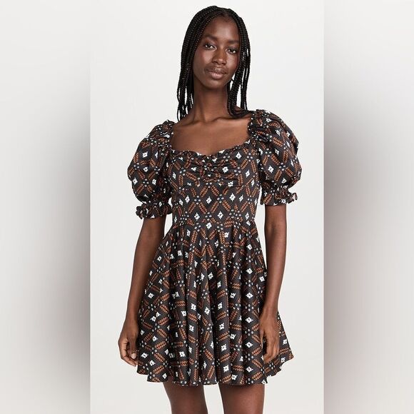 NWOT Autumn Adeigbo Camille Diamond Print Puff Sleeve Lace Up Back Mini Dress 8 - Picture 2 of 16